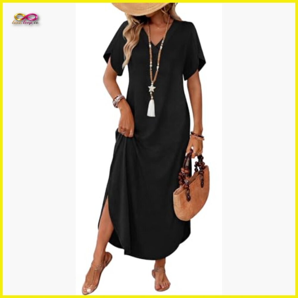 Summer Maxi Dress V-Neck Side Slit Pockets Casual Boho Chic Loose Fit - Picture 4 of 7